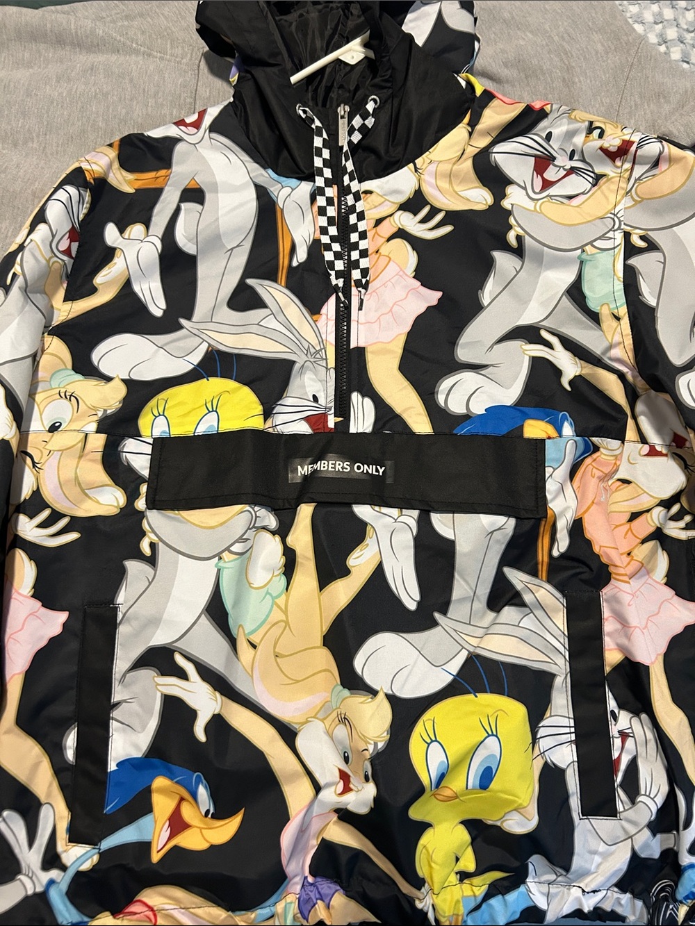 Members Only Black Cartoon-Print Hooded Raincoat with Multicolor Characters